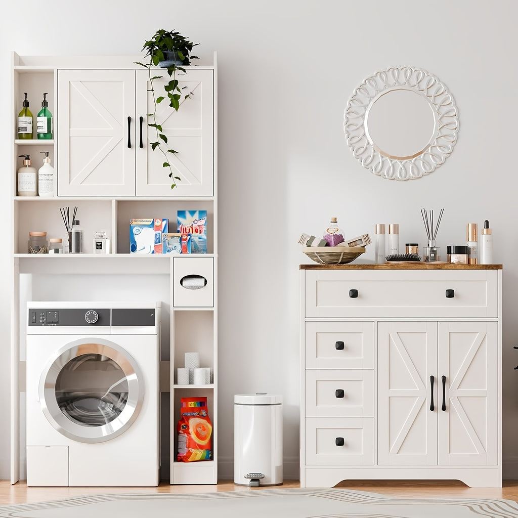 2 Door 4 Drawer Storage Cabinet Freestanding Bathroom Kitchen Organizer with Adjustable Shelves, Multi-Purpose Floor Cupboard for Living Room, Bedroom, Bathroom, Kitchen Pantry - Modern Home Storage Hutch