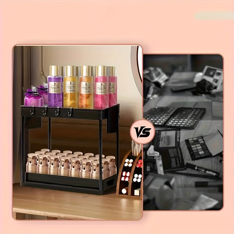 A Heavy-Duty Plastic Double-Layer Pull-Out Storage Rack with Adjustable Shelves And Pull-Out Drawers - a Space-Saving Vertical Organizer Featuring Open And Closed Shelves, Durable for Kitchen Cabinet Under-Sink Drawers, Suitable for Small Spaces